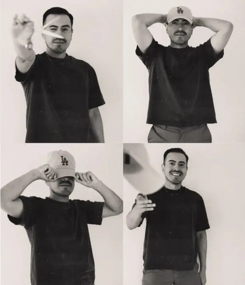 Riche Iraheta, a Salty Mane stylist, poses in four black and white frames, showcasing his playful personality.