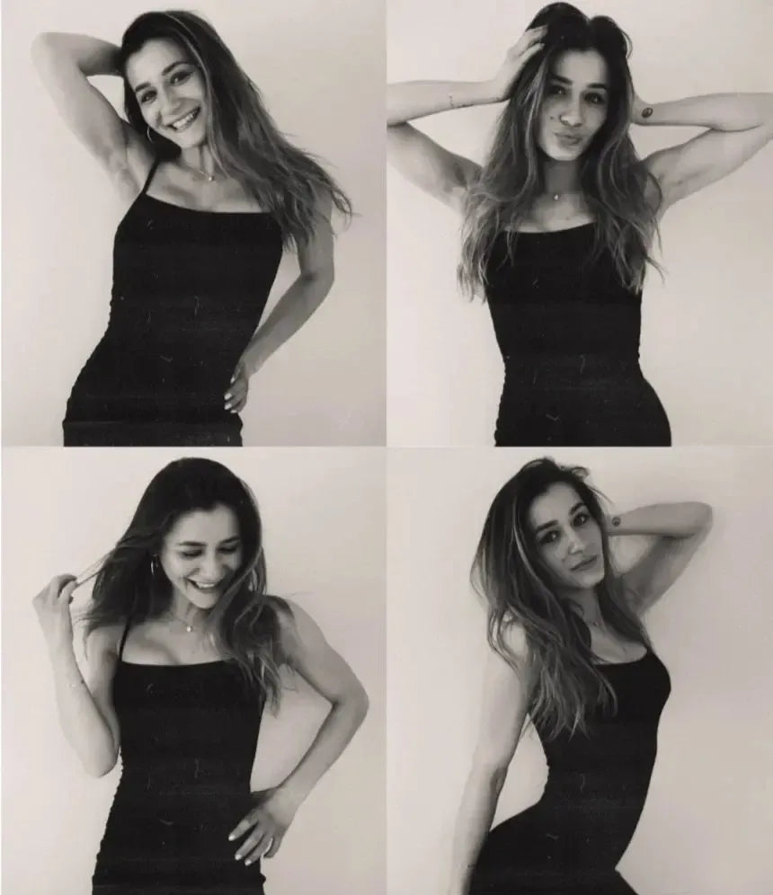 Vanessa Tellez, a Salty Mane stylist, strikes four playful poses in a sleek black dress, showcasing her vibrant personality.