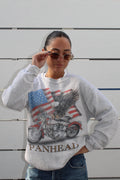 Light gray Panhead crewneck sweatshirt with American flag, eagle, and motorcycle graphic, size M.