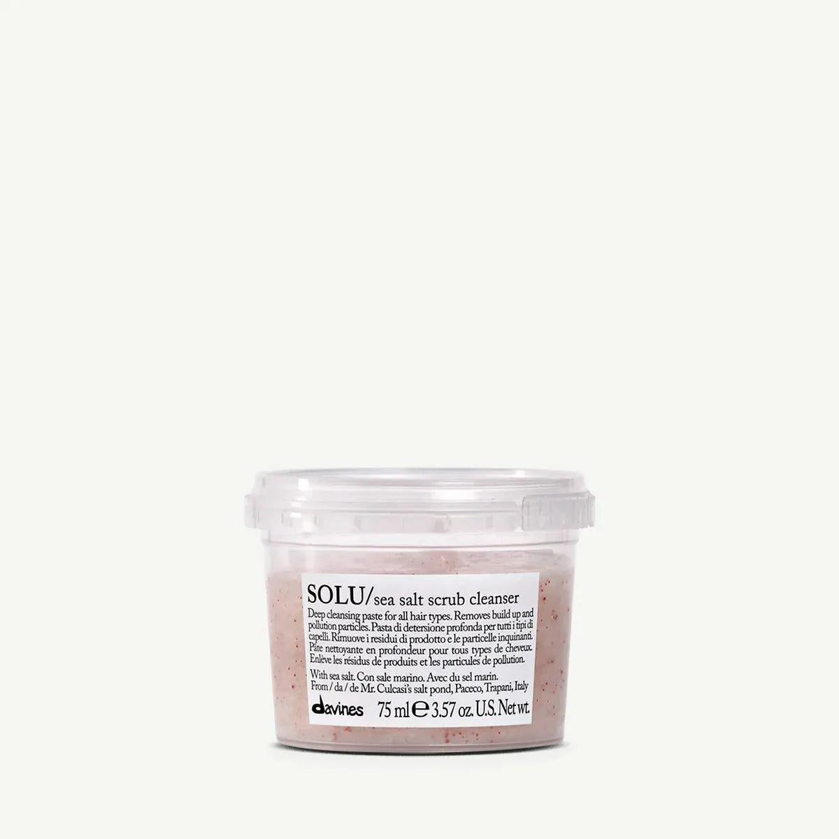 SOLU Sea Salt Scrub 75ml in a clear plastic tub with a white lid, showing the pink scrub.