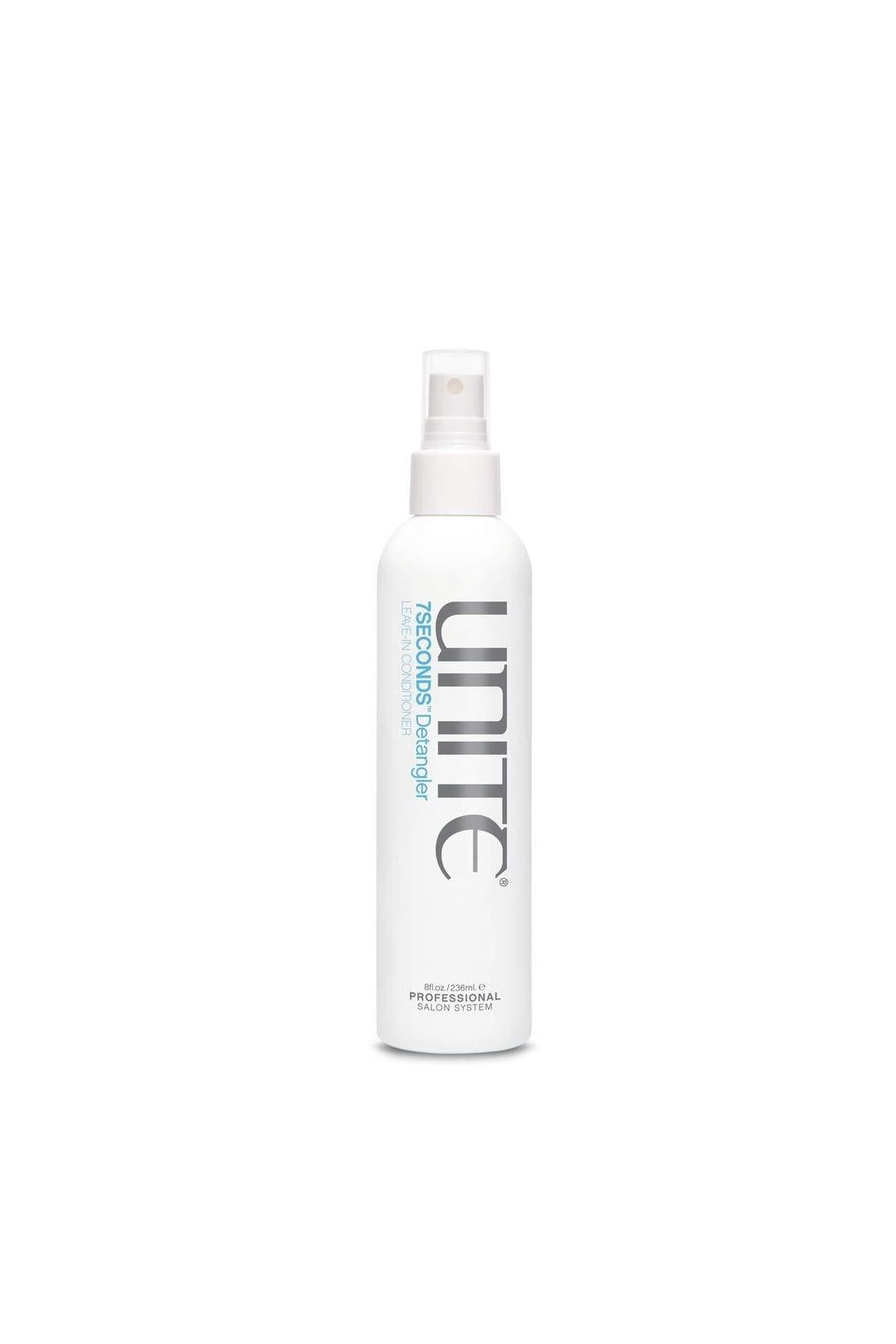 White 8oz Unite 7SECONDS Detangler spray bottle with blue and gray text.
