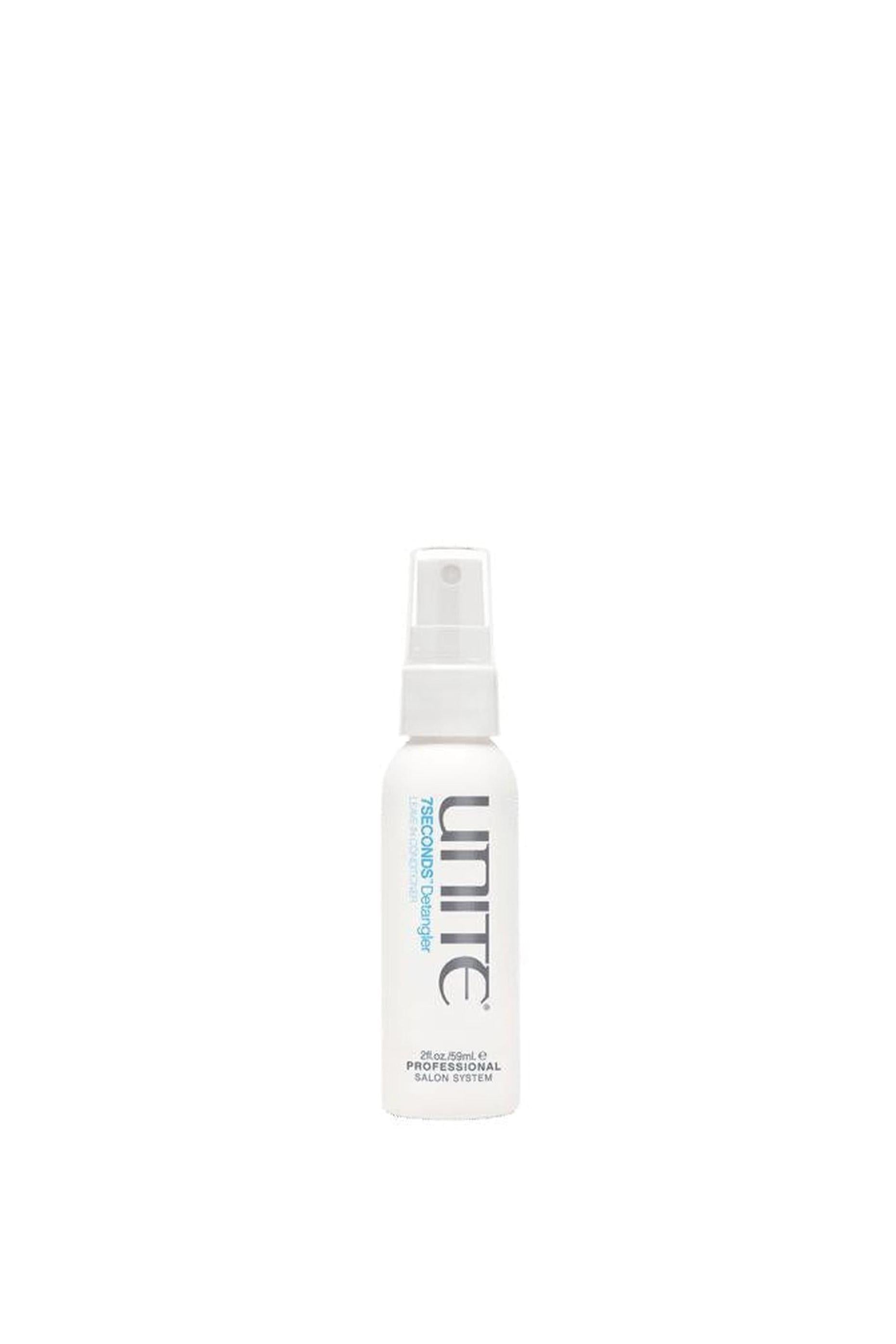 White Unite 7SECONDS Detangler travel-size spray bottle, 2oz/59ml, with blue and gray text.