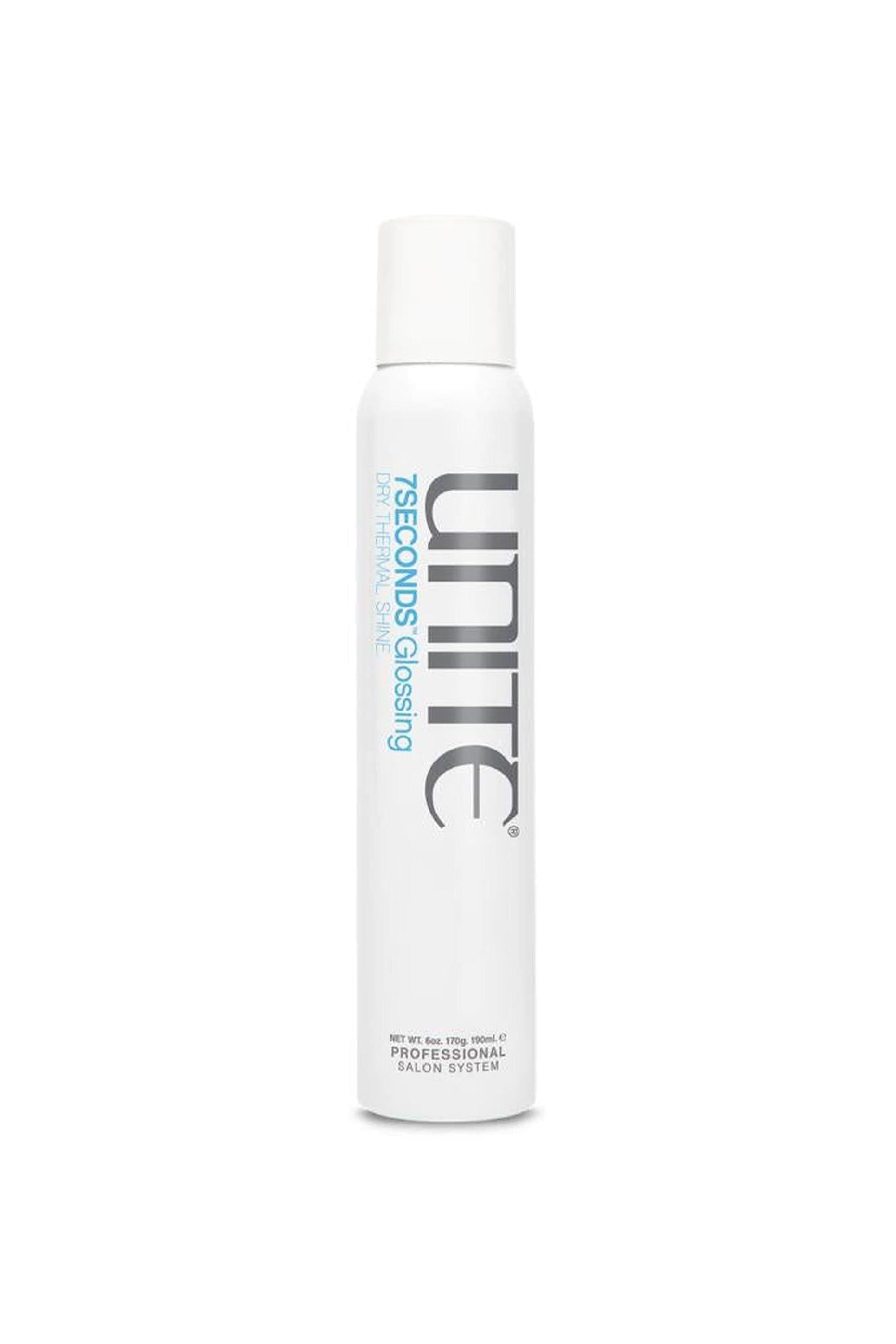 White Unite 7SECONDS Glossing Spray bottle, 6oz, with blue and gray text.