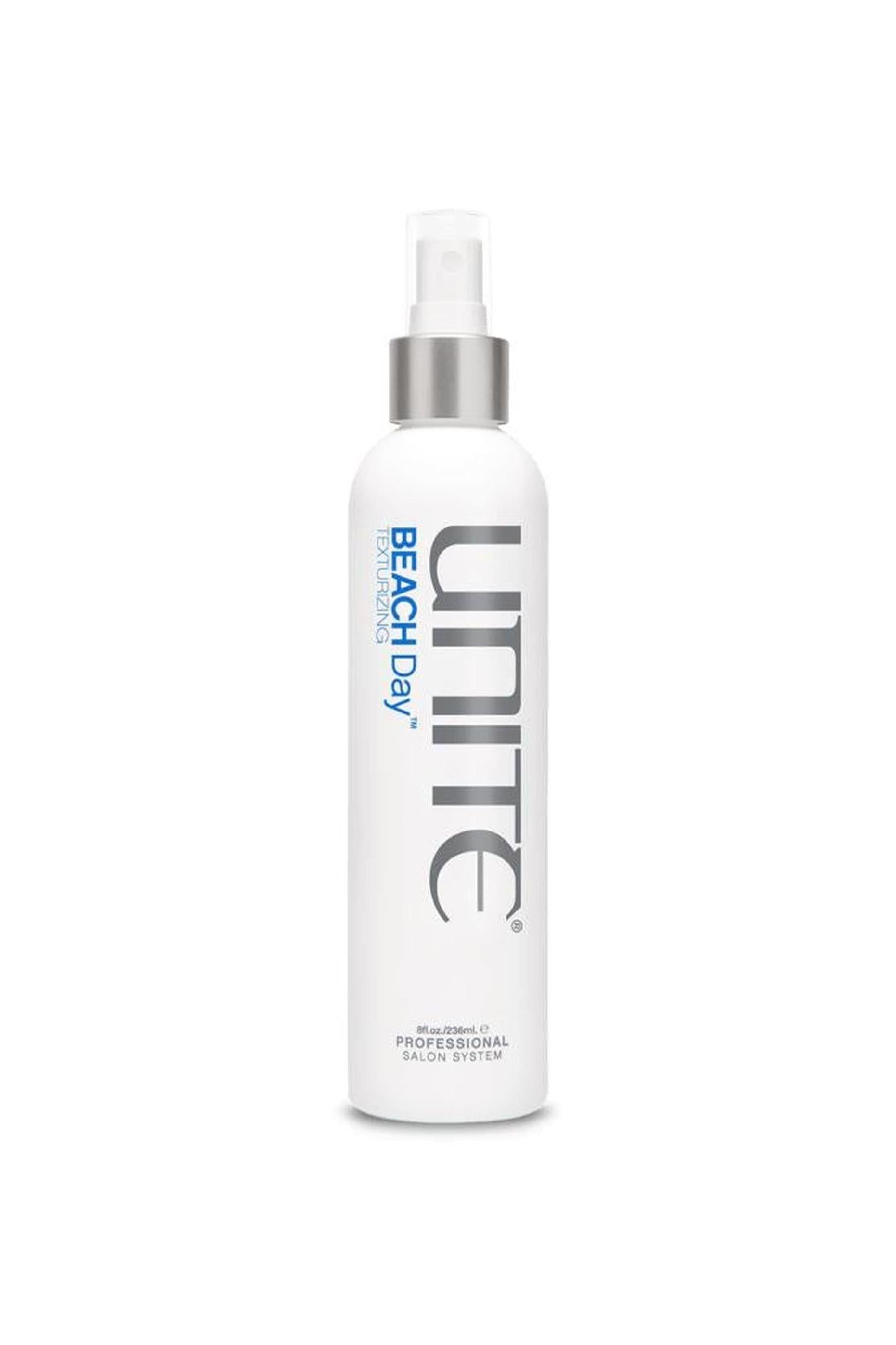 White 8oz Unite Beach Day Texturizing Spray bottle with silver cap and gray text.