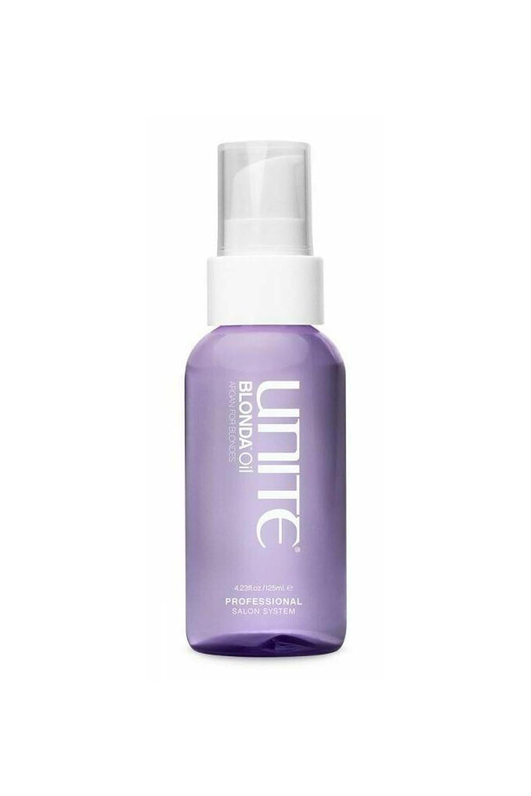 Unite Blonda Oil in a 4.23oz/125ml lavender bottle with white pump and branding.