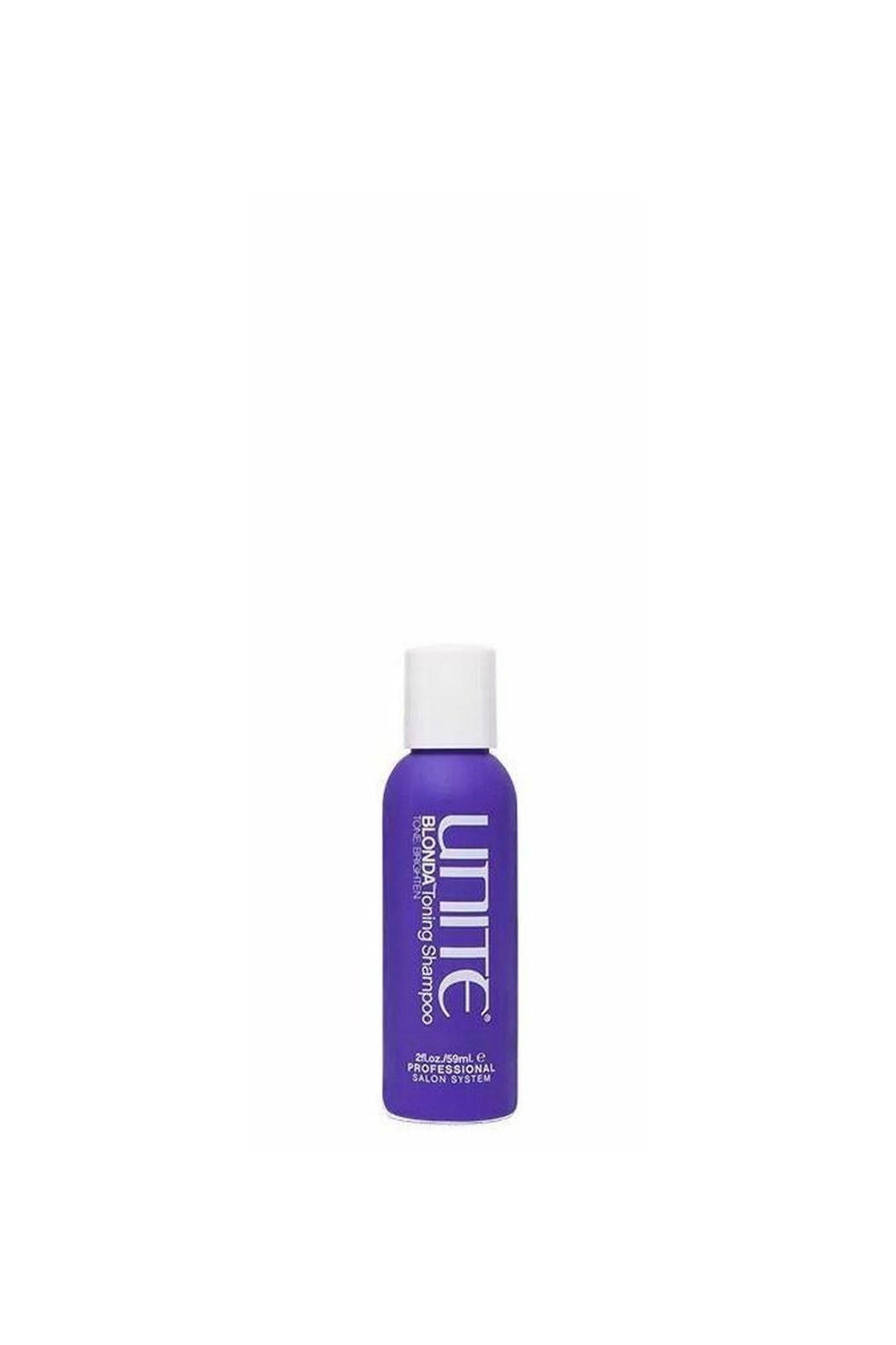 Unite Blonda Toning Shampoo travel size, a small purple bottle with a white cap for blonde hair.