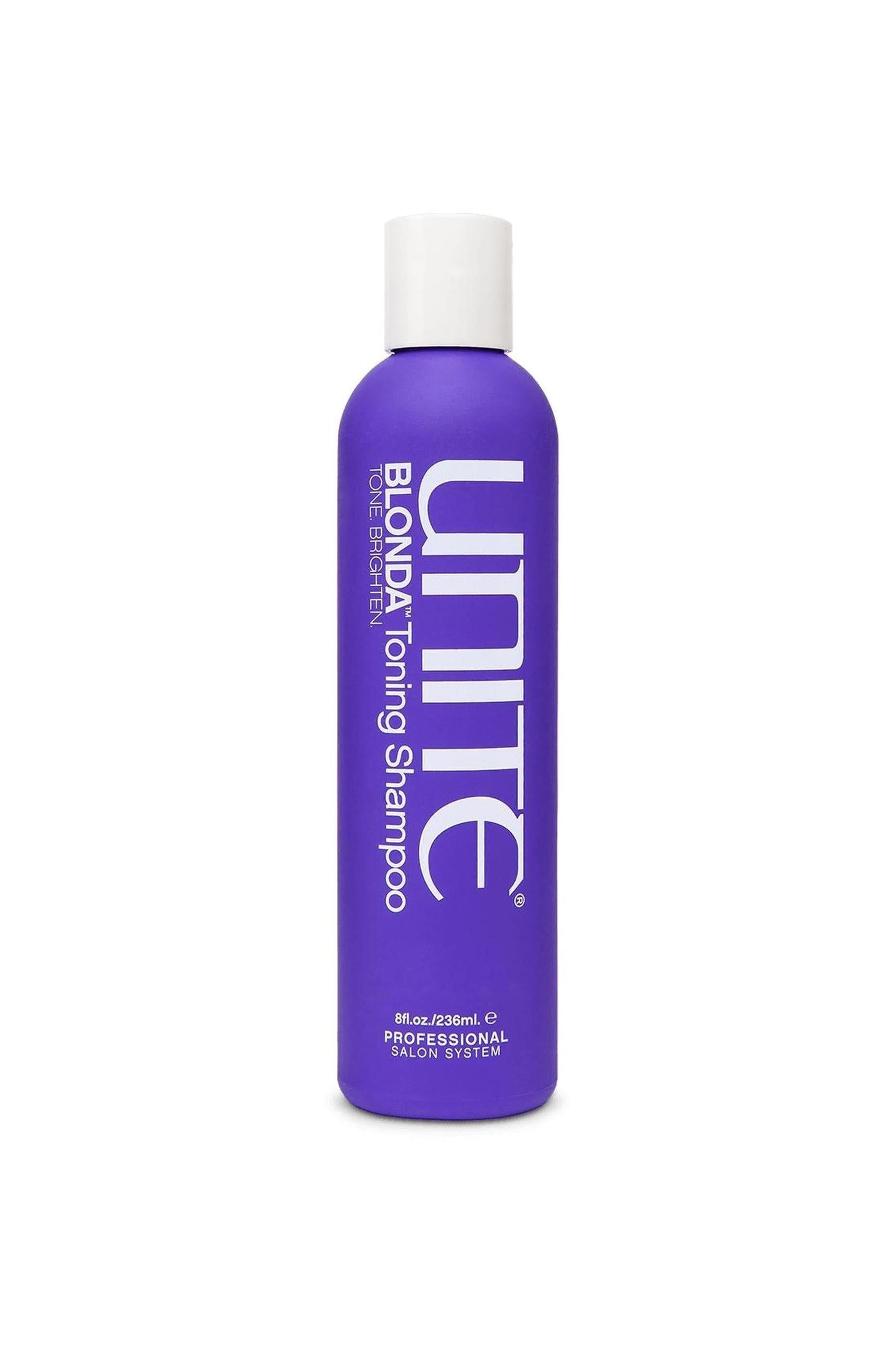 Unite Blonda Toning Shampoo, 8oz purple bottle with white cap and text.