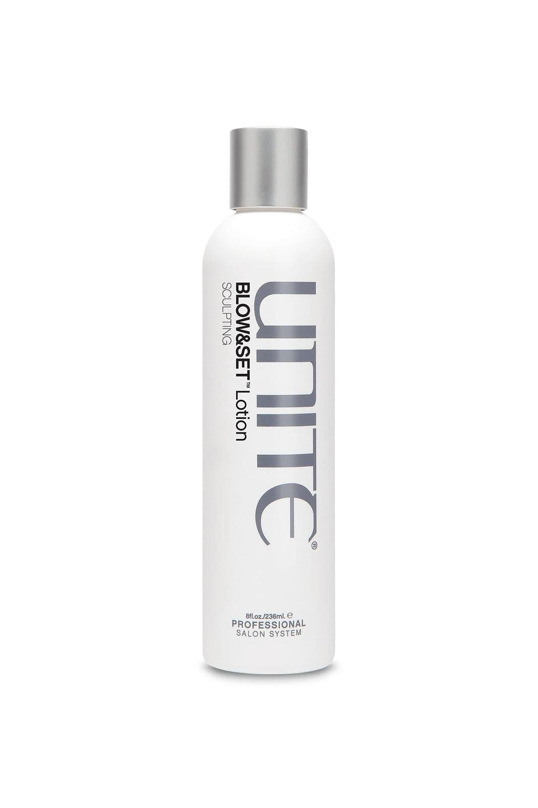 Unite Blow & Set Lotion, 8fl.oz white bottle with silver cap and metallic gray text.