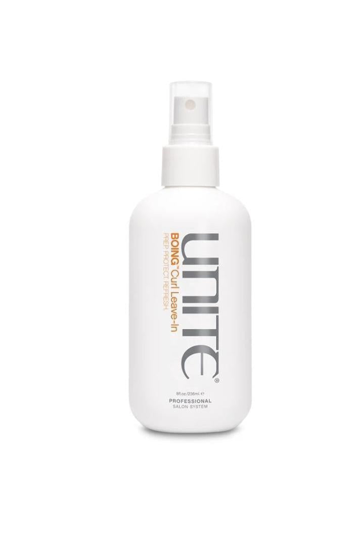 White Unite Boing Curl Leave-In spray bottle, 8fl.oz, with silver and orange text.