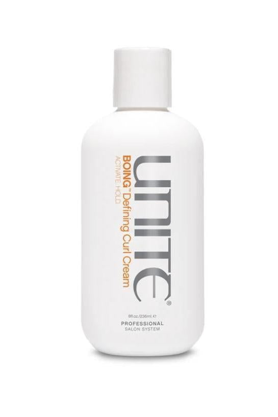 White Unite Boing Defining Curl Cream bottle, 8fl.oz/236ml, with gray and orange text.