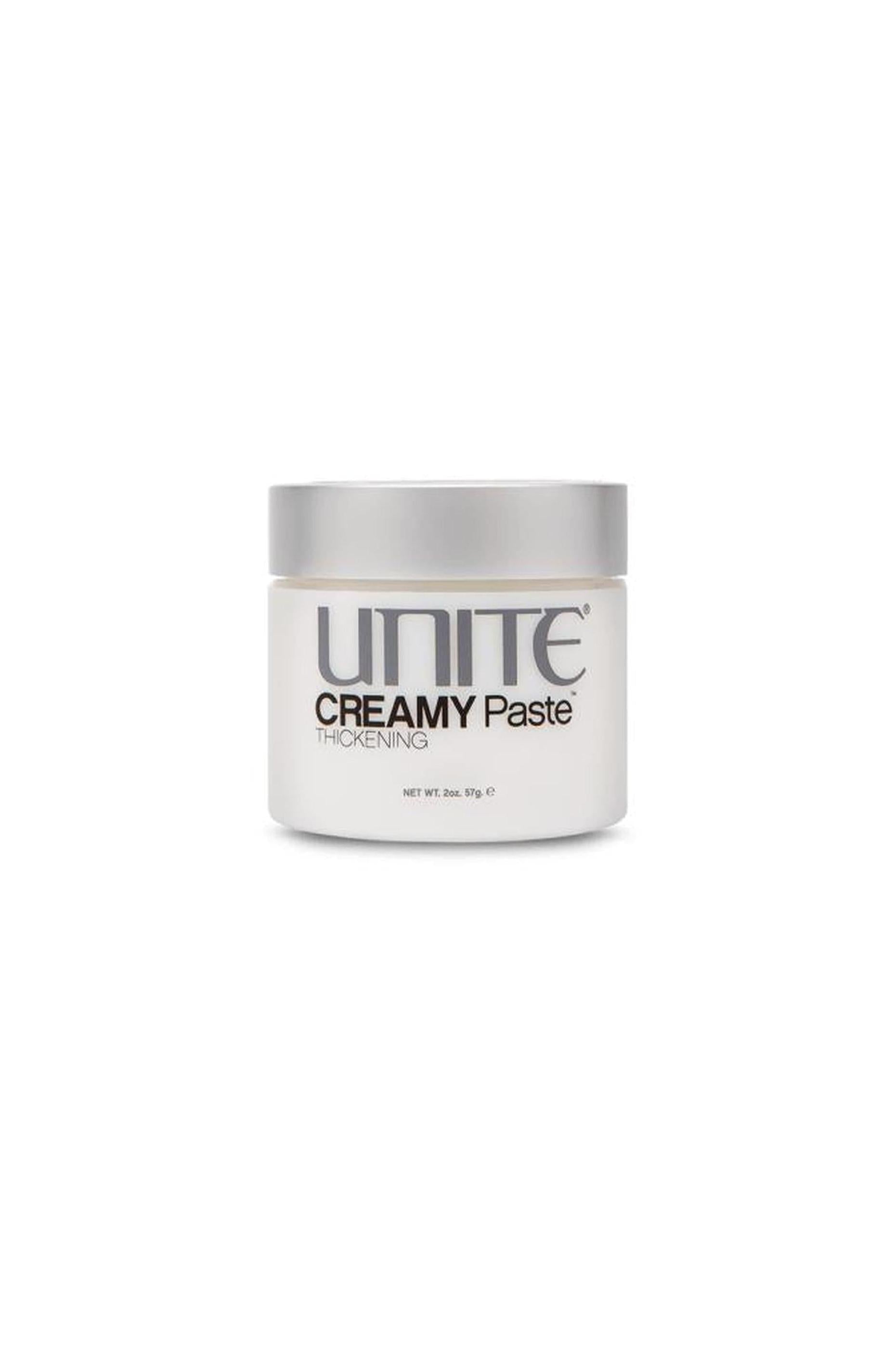 White Unite CREAMY Paste thickening jar with a silver lid, 2 oz/57g.