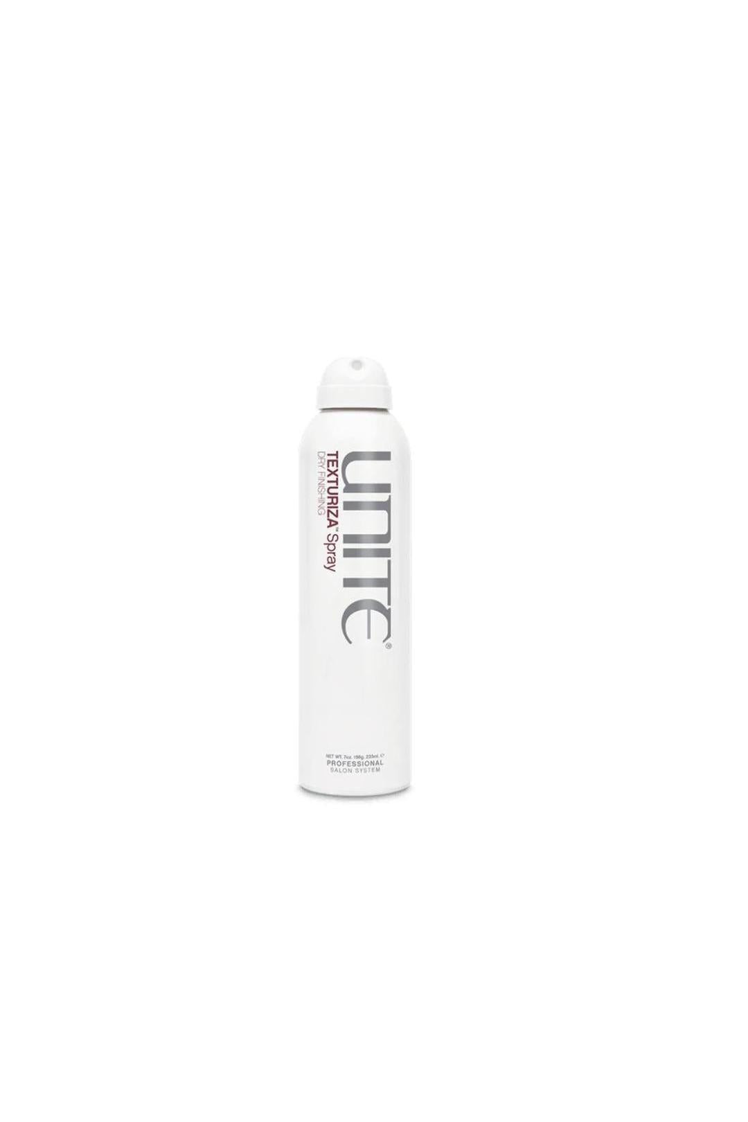 White Unite Texturiza Dry Finishing Spray can, 7 oz, with gray and red lettering.