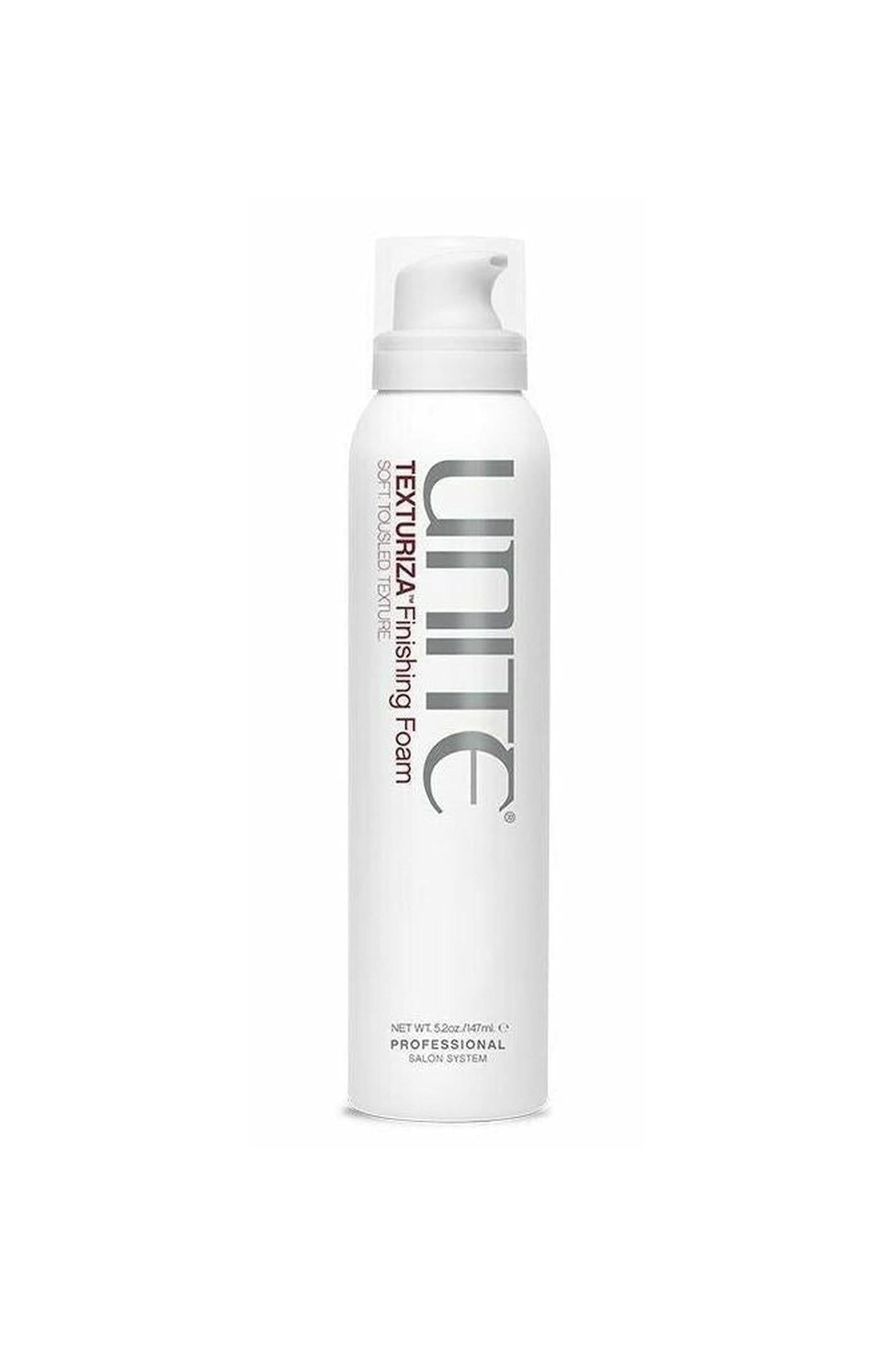 White Unite Texturiza Finishing Foam can, 5.2oz/147g, with gray text and clear cap.