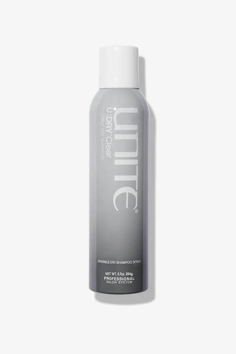 Unite U:Dry Clear Dry Shampoo, 6.7oz gray aerosol can with white cap and silver text.