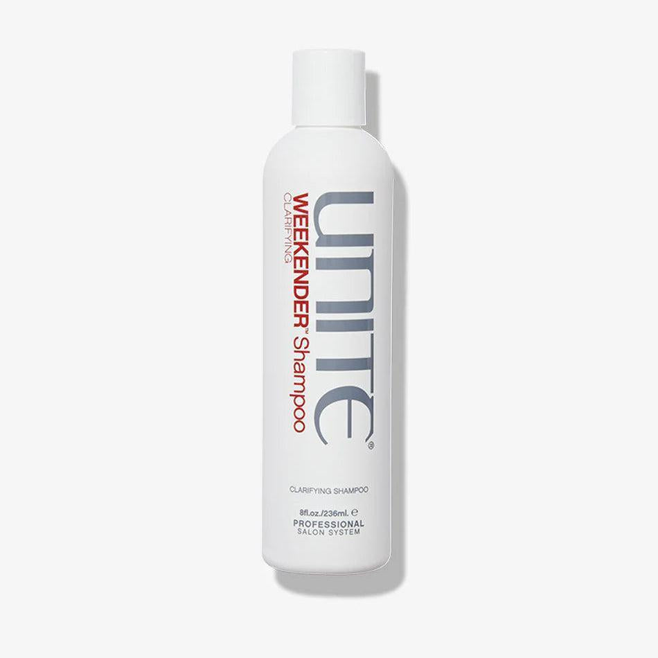 White Unite Weekender Clarifying Shampoo bottle, 8 fl.oz./236ml, with gray and red text.